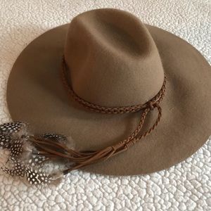 Aldo Women's Boho Wide Brim Fedora Hat Leather Braided Band Tassel Feathers